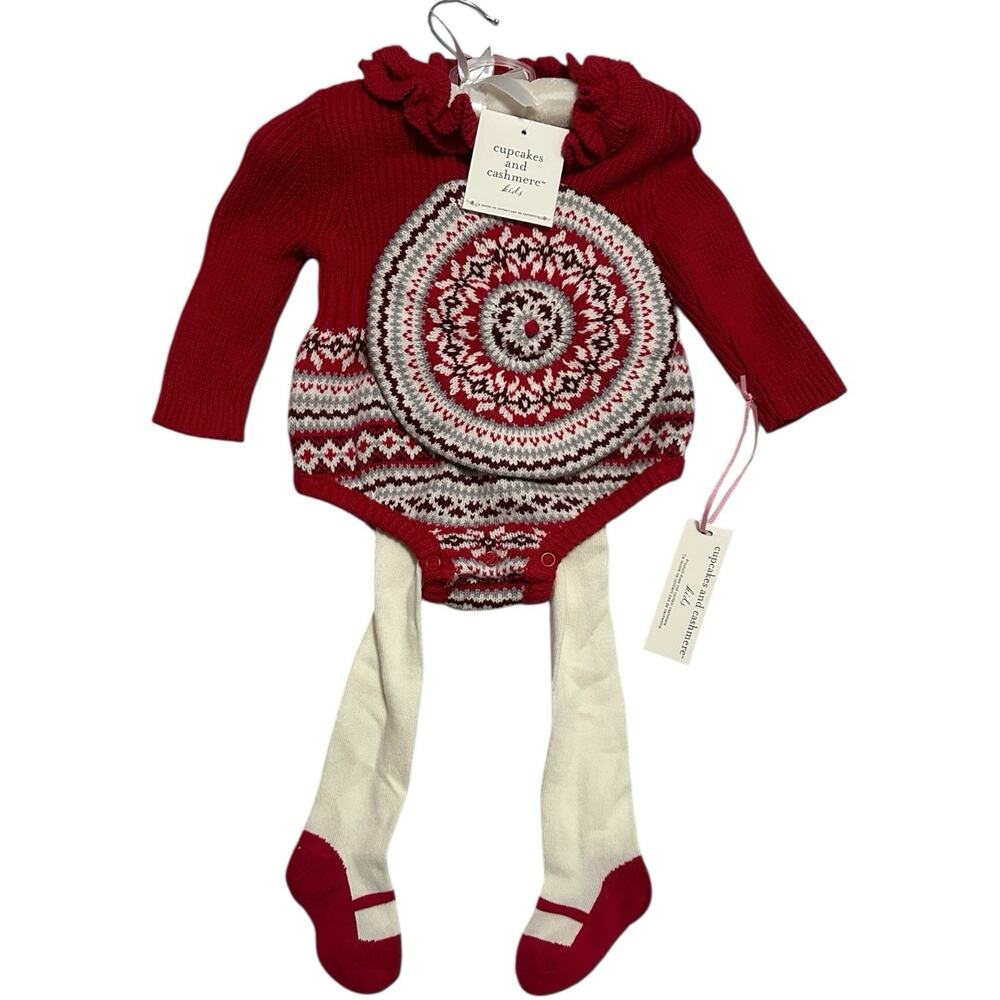 Cupcakes and Cashmere Kids Red Fair Isle Knit Romper Beret Tights‎ Set 0-3M NEW